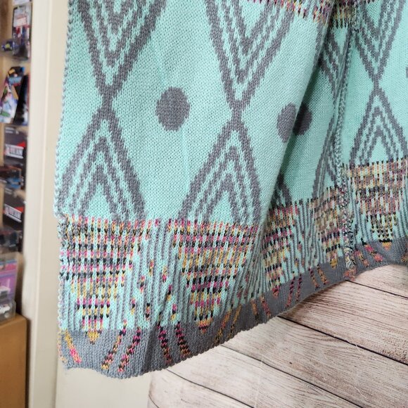 Andrade Open Cardigan Jacket Women's One Size Teal Aztec Print Cotton Polyester - Picture 6 of 14